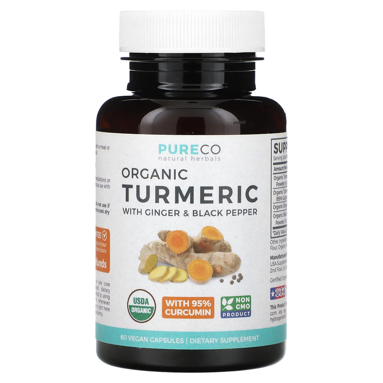 Pure Co Natural Herbals Organic Turmeric with Ginger Black Pepper 60vcaps